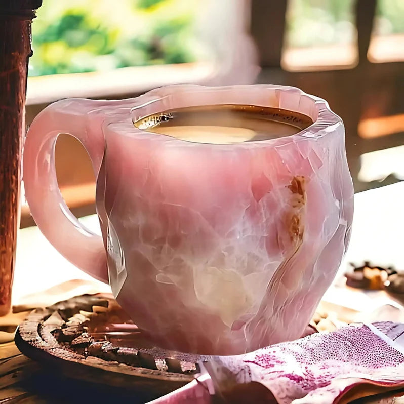 Polished rose quartz-style coffee mug in soft pink hues, filled with a hot beverage.