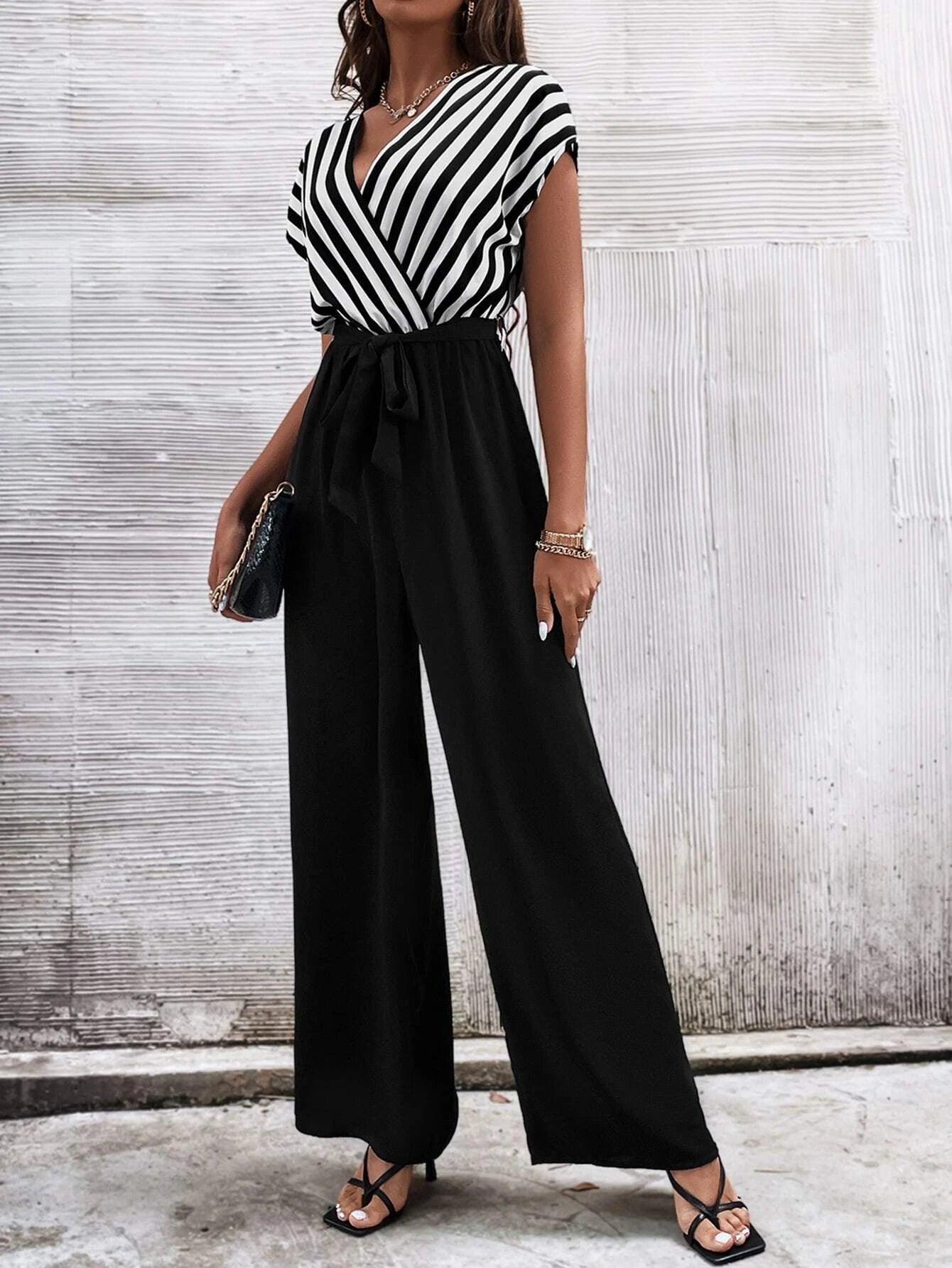 Vertical Striped Print Belted Jumpsuit-Comfy Jumpsuits