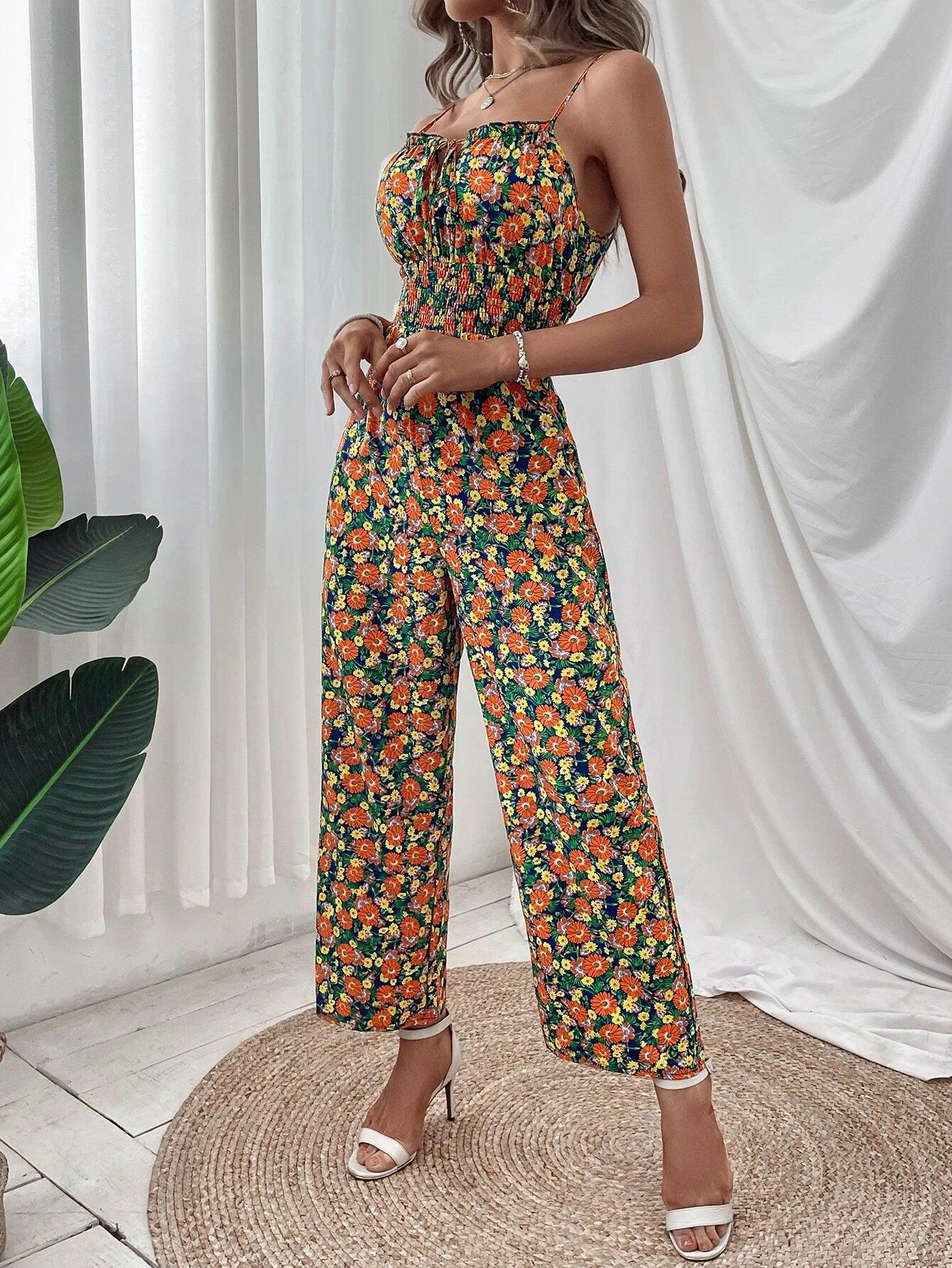 Allover Floral Print Tie Front Cami Jumpsuit-Comfy Jumpsuits
