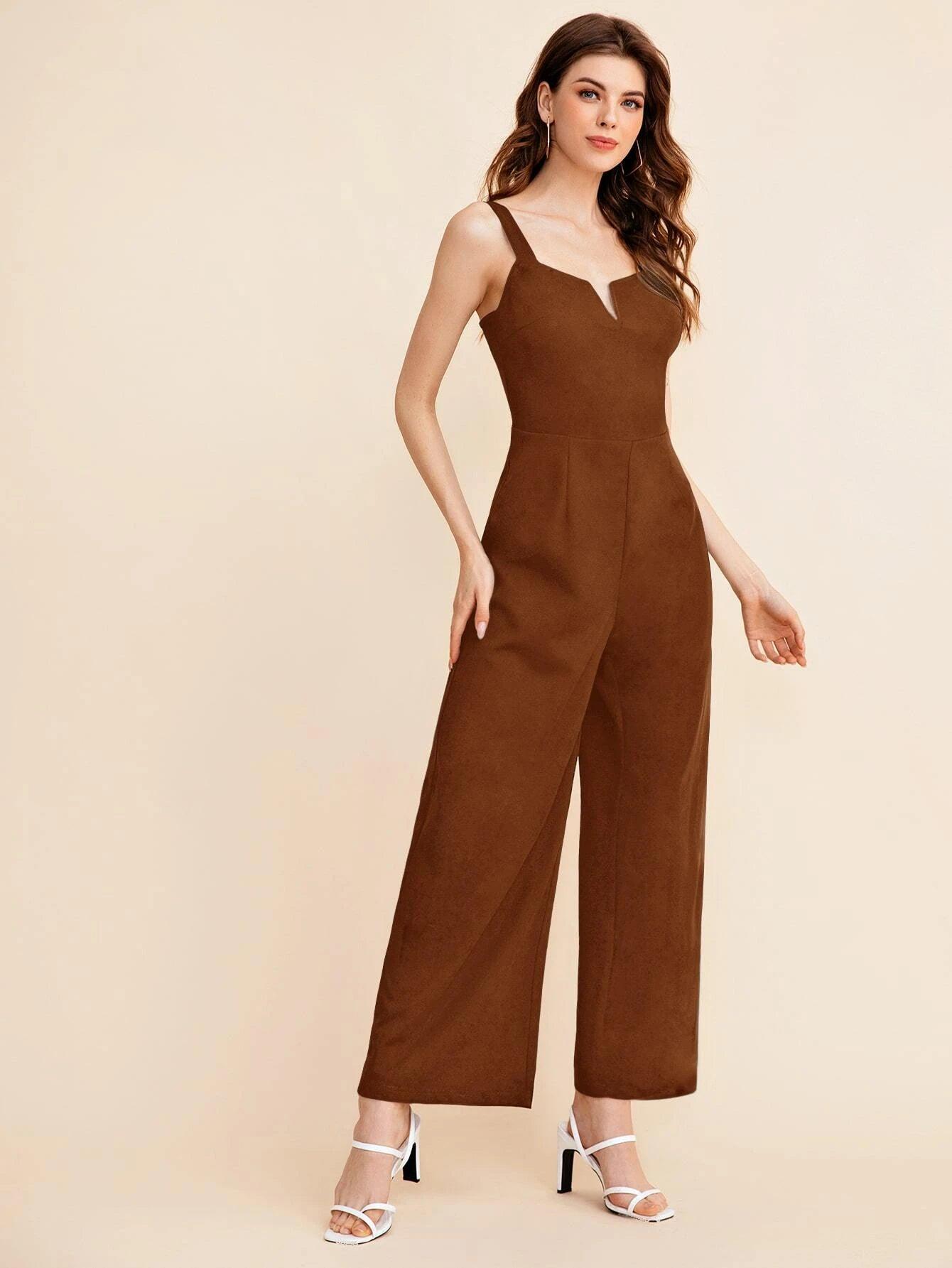 Notch Neck Solid Slip Jumpsuit-Comfy Jumpsuits