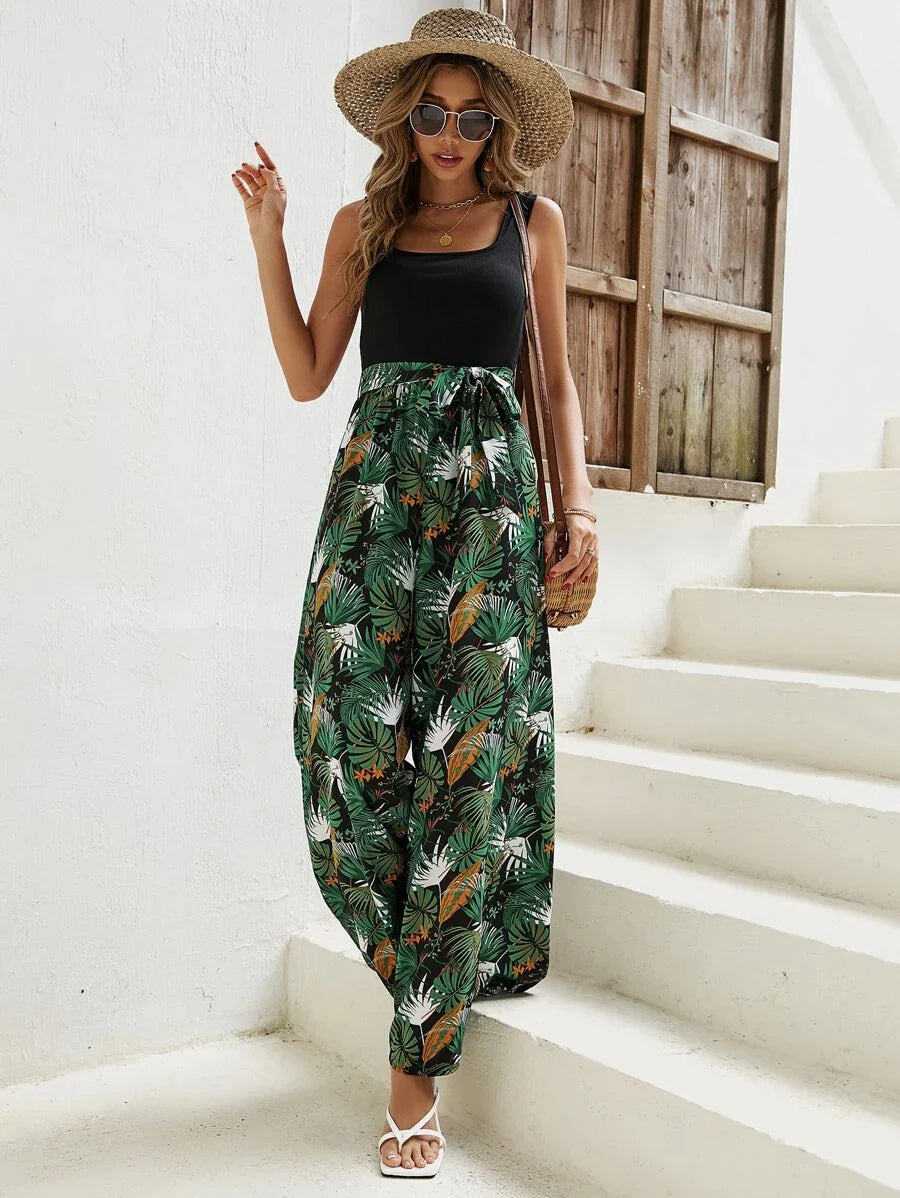 TROPICAL PRINT BELTED WIDE LEG JUMPSUIT