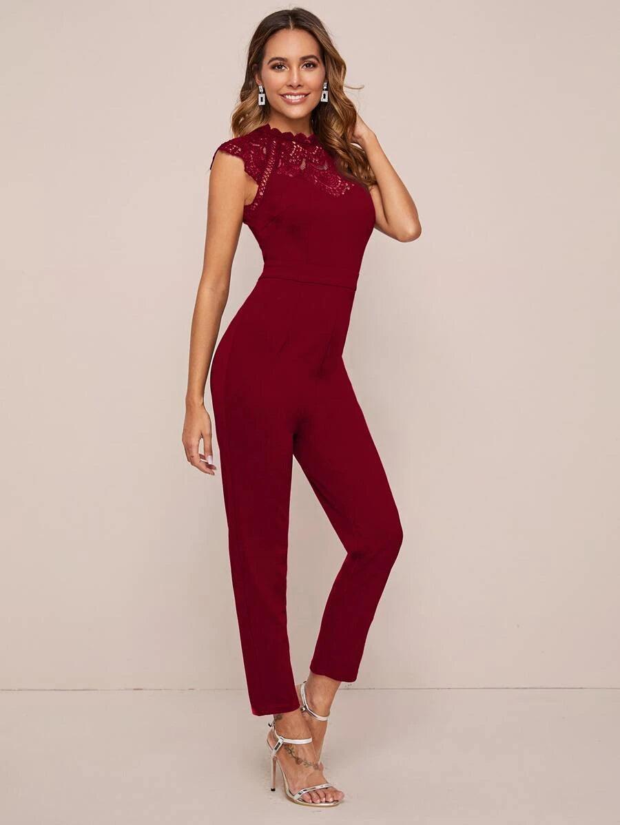 Keyhole Back Sheer Lace Yoke Solid Jumpsuit-Comfy Jumpsuits
