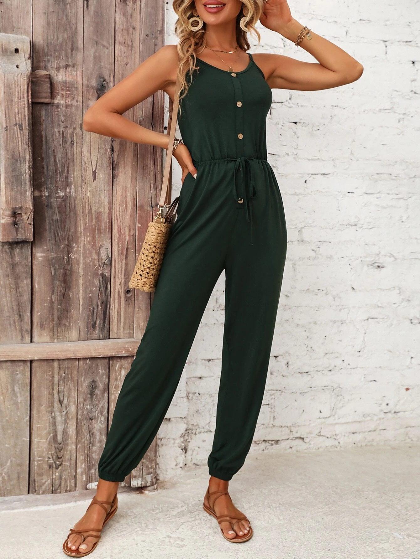 Button Front Knot Cami Jumpsuit-Comfy Jumpsuits