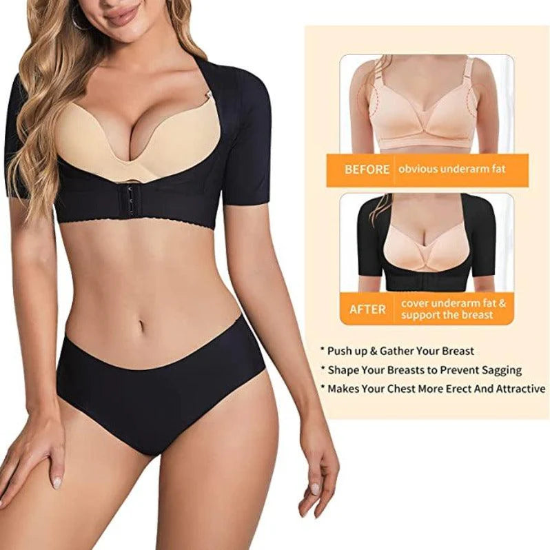 Shapewear comparison showing underarm fat coverage and breast support before and after wearing the compression top.