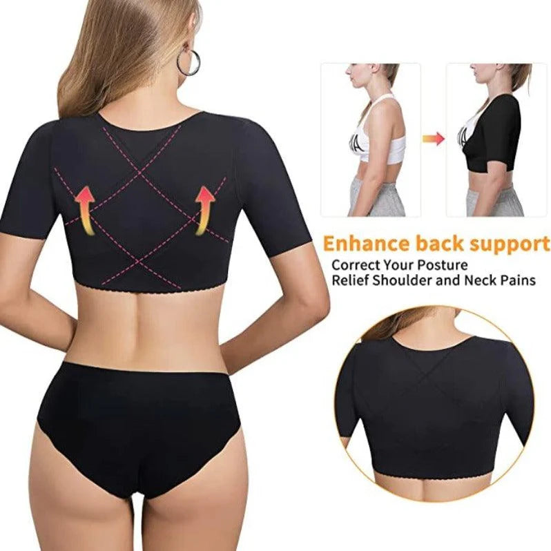 Woman wearing a black posture corrector top with arrows showing back support benefits and posture correction results.