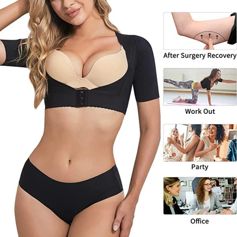 Woman wearing a black compression top with examples of uses including workout, party, office, and surgery recovery.
