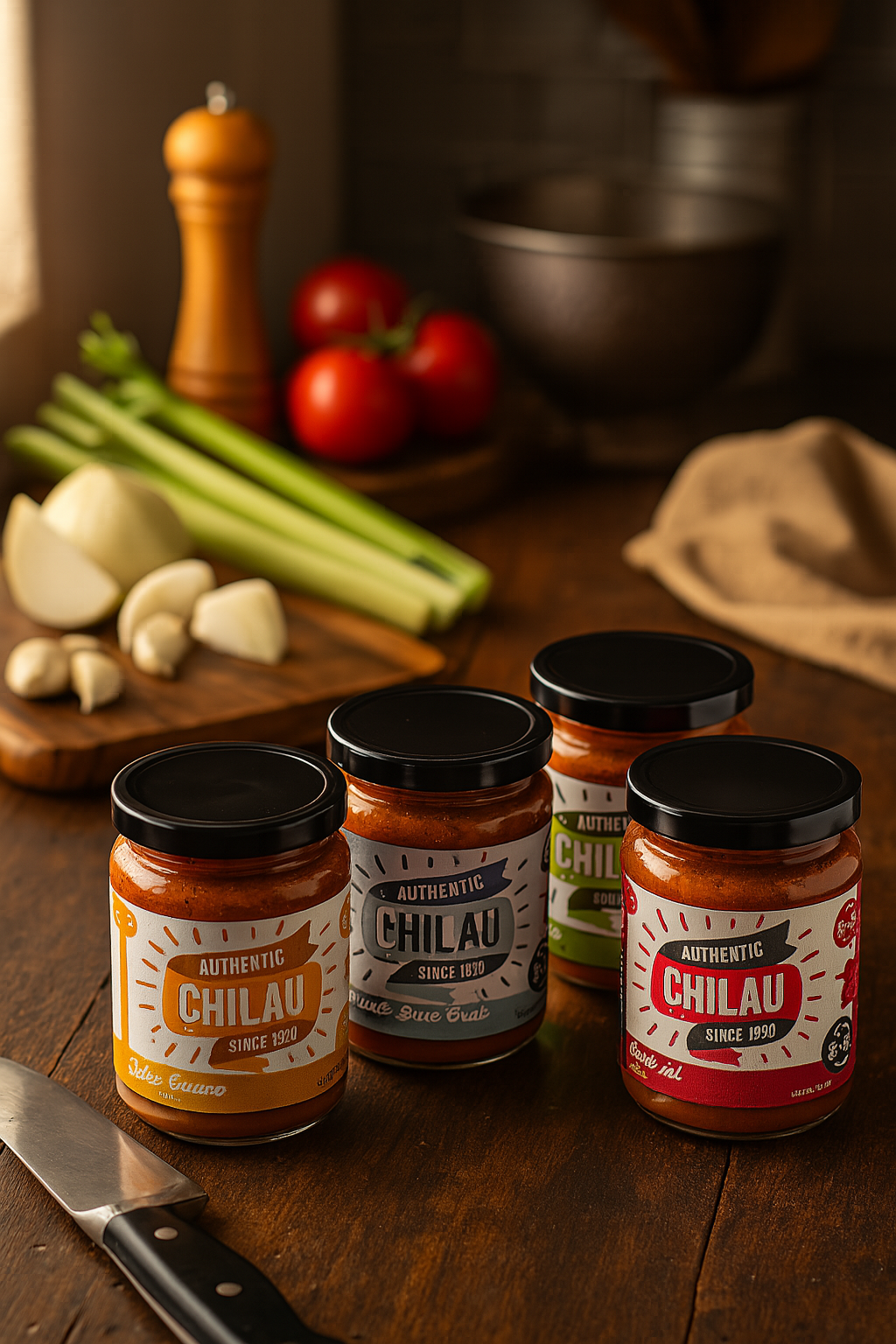 Chilau Boil Base 4-Pack Bundle with fresh ingredients on kitchen counter