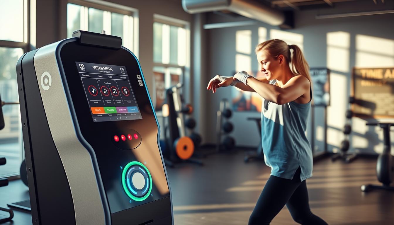 A sleek, innovative rhythmic training device designed for music boxing, set in a modern gym environment. The foreground features the machine with vibrant LED lights, a touchscreen panel displaying music options, and various targets for striking. The middle ground showcases a person dressed in comfortable athletic wear, focused and engaged, rhythmically punching the machine in sync with upbeat music. In the background, gym equipment and motivational posters can be faintly seen, enhancing the atmosphere. Natural sunlight filters through large windows, casting dynamic shadows that create an energetic vibe. The overall mood is lively and encouraging, capturing the excitement of a workout experience that combines fitness and music perfectly.