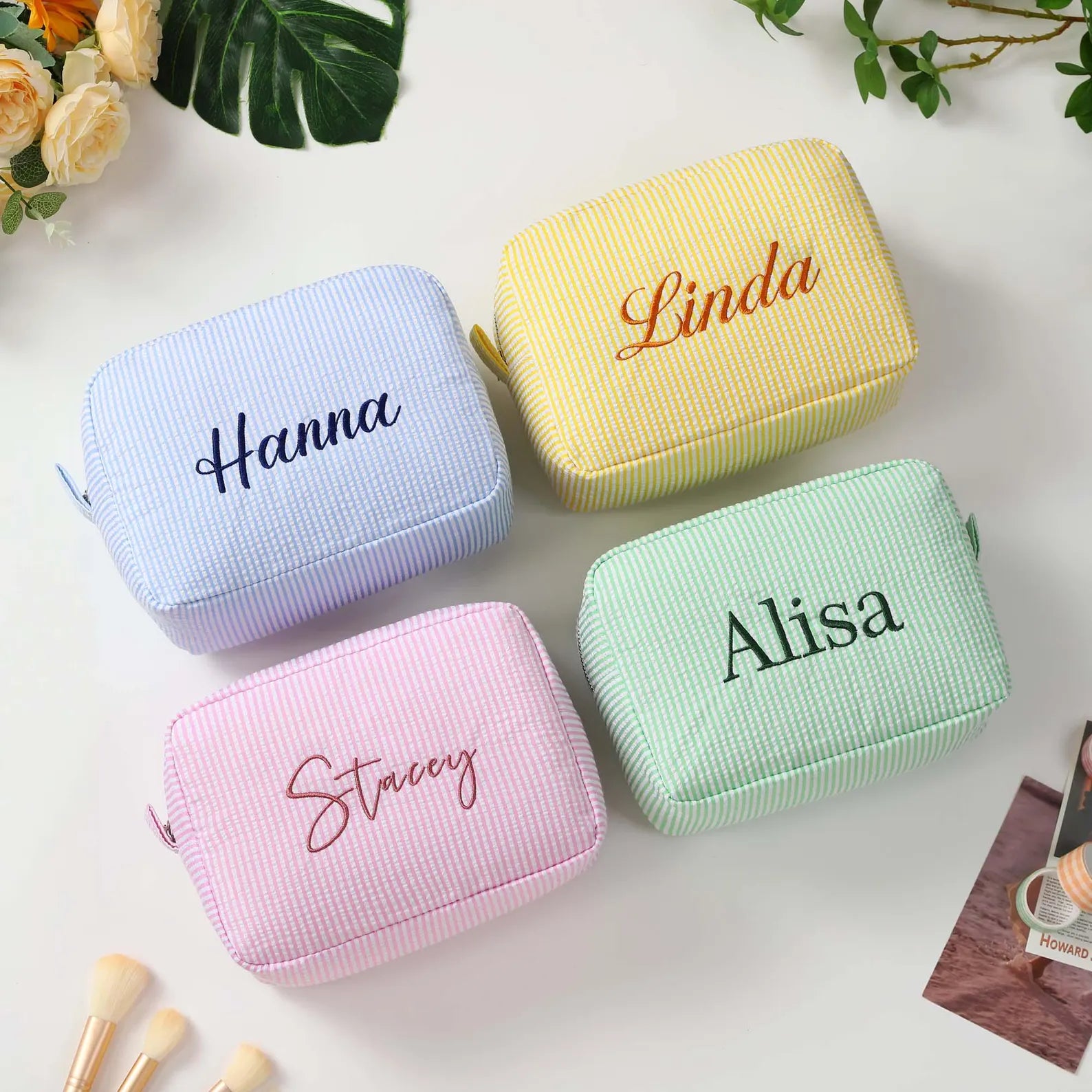 Personalized Embroidered Seersucker Makeup Bag