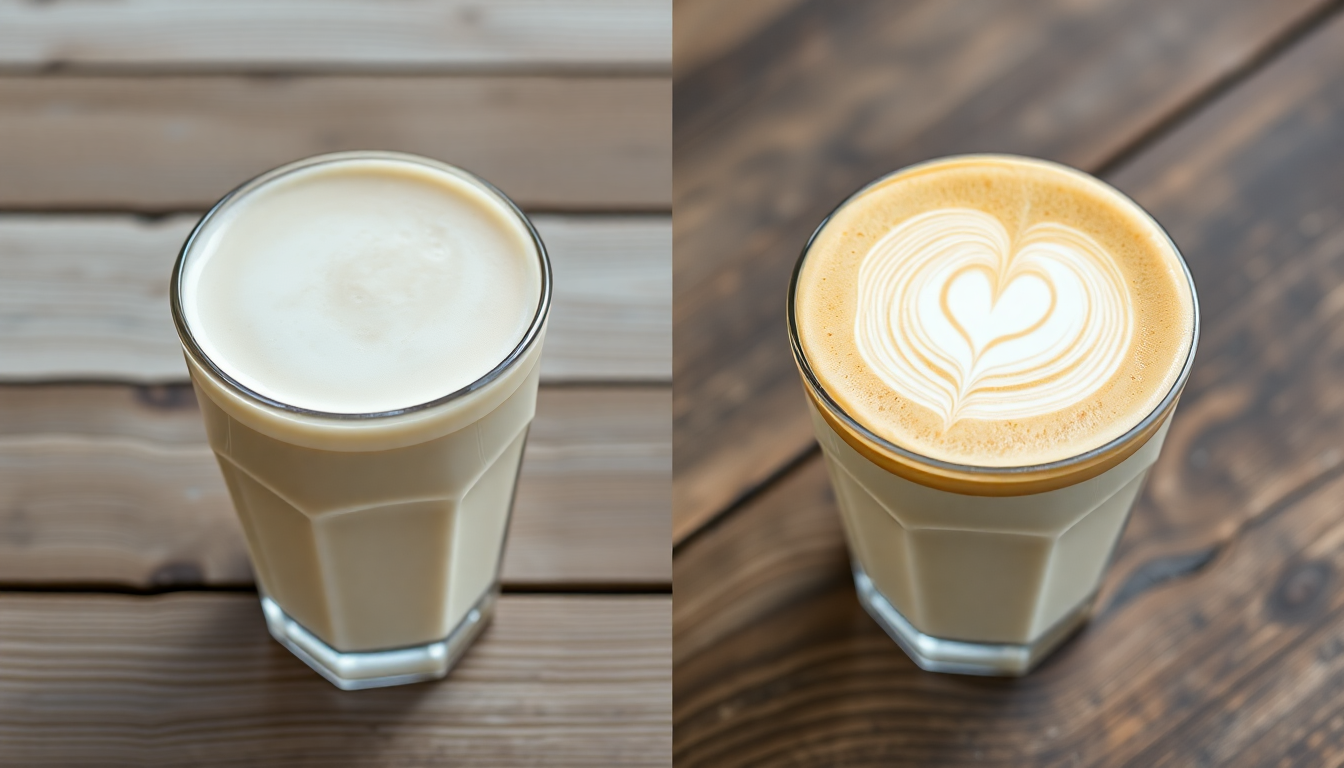 A side-by-side comparison showing a traditional café white mocha in a clear glass mug next to a healthier homemade version