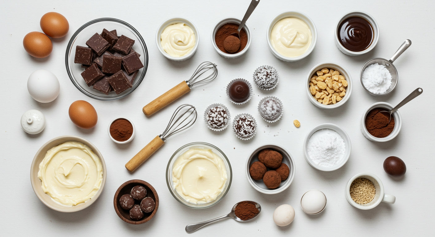 Complete truffle making setup showing ingredients, tools and coating options arranged for chocolate truffle preparation