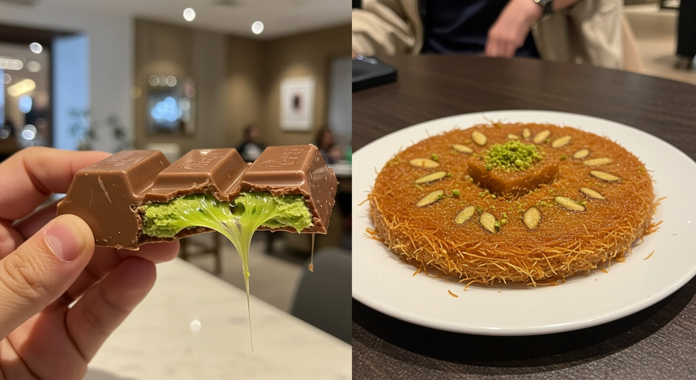 Dubai chocolate bar broken in half showing pistachio filling next to traditional Middle Eastern knafeh dessert