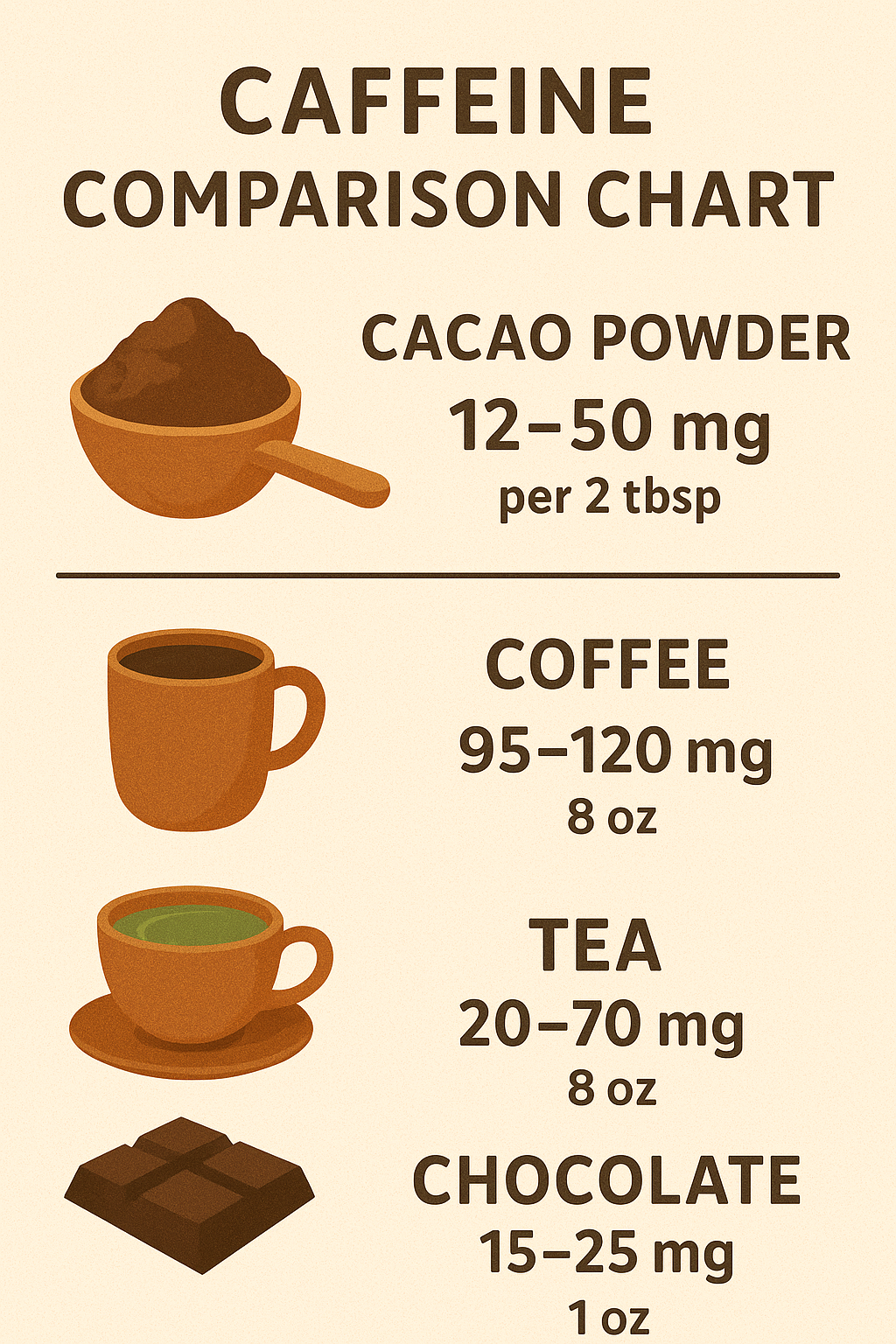 Bar chart comparing caffeine levels in cacao powder, coffee, tea, and chocolate showing relative amounts