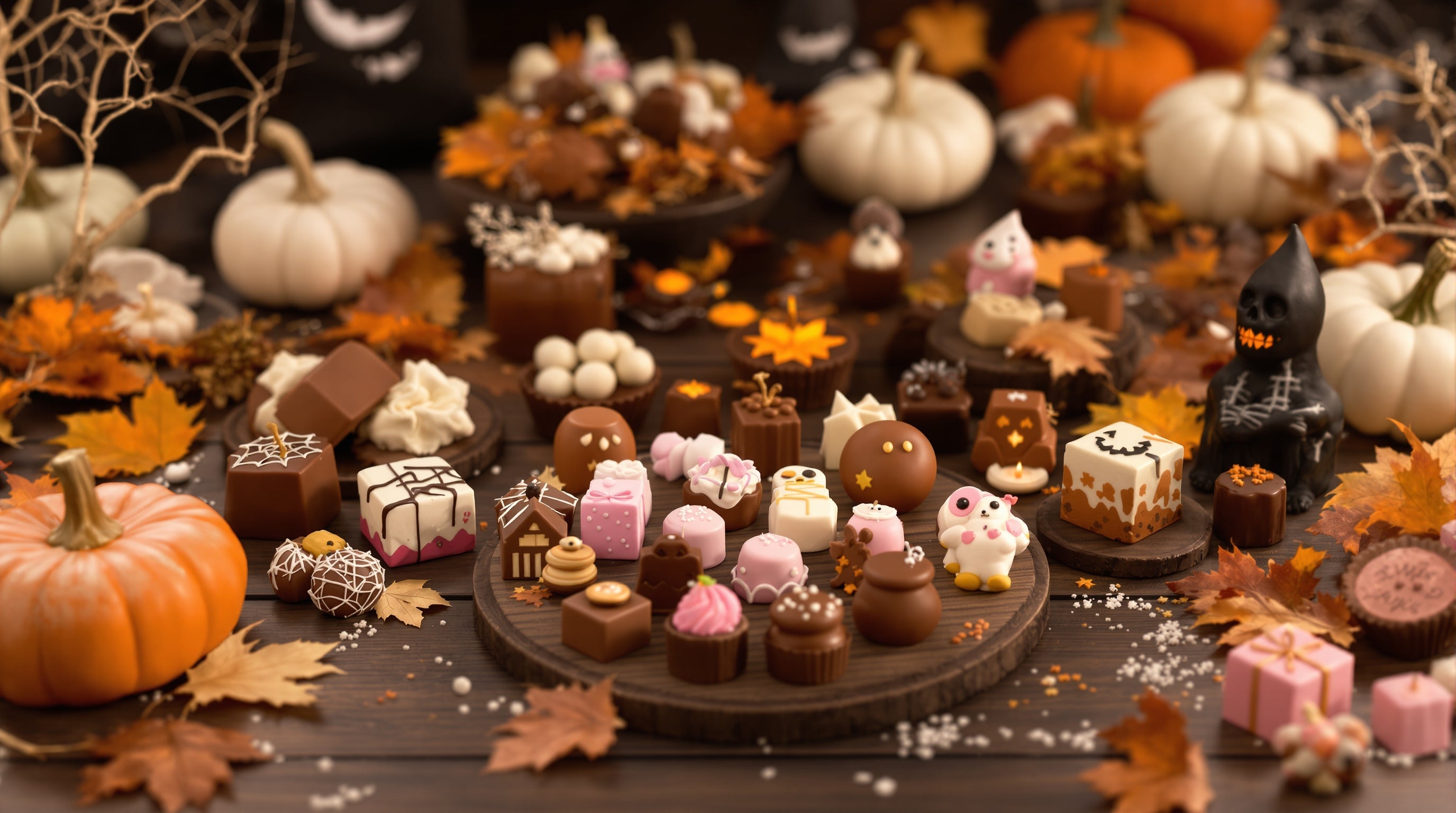 Halloween chocolate treats display with pumpkins and autumn decorations on rustic wooden table