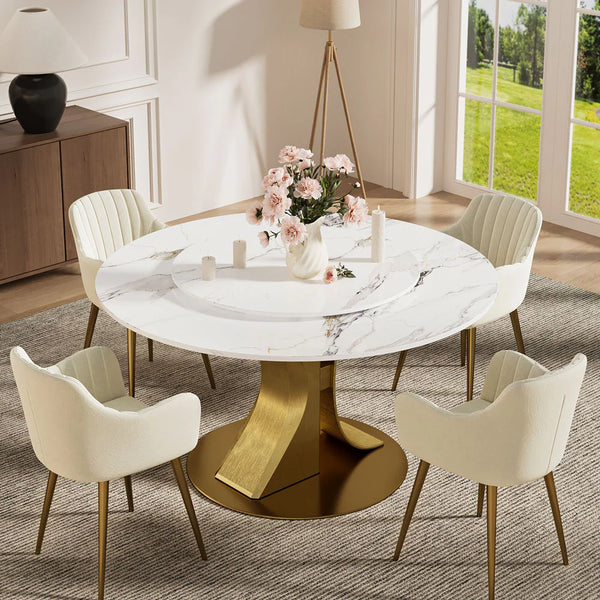 A vase of flowers sits on the stone dining table.