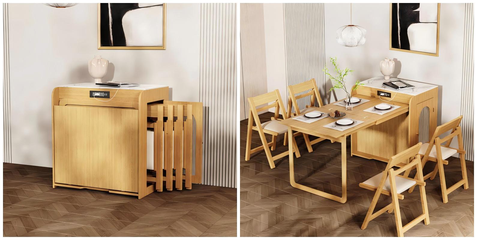 Compact foldable dining table set with a marble top and light wood finish, featuring hidden storage and four folding chairs — ideal for small apartments and multifunctional dining spaces.