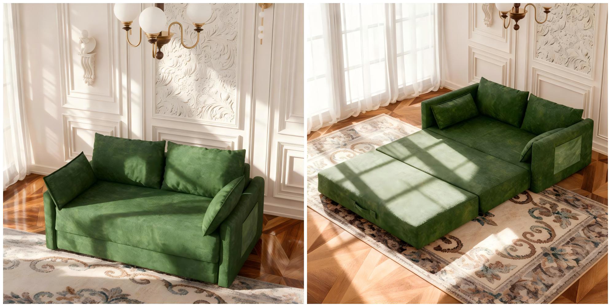 Elegant green velvet loveseat sleeper sofa in a classic interior with white wall panels and natural light, shown in both sofa and bed modes, ideal for small apartments or guest rooms.