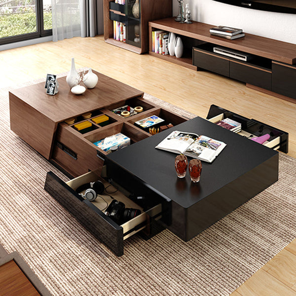 Modern extendable coffee table with sliding top and multiple hidden drawers, shown in a contemporary living room, offering expandable surfaces and smart storage for books, electronics, and everyday essentials.