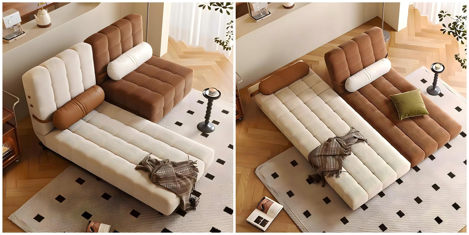 Modern minimalist dual-tone mini sofa bed in cream and caramel brown, featuring a fold-out design that transforms into a comfortable bed, styled with cozy pillows and a neutral rug in a bright living space.