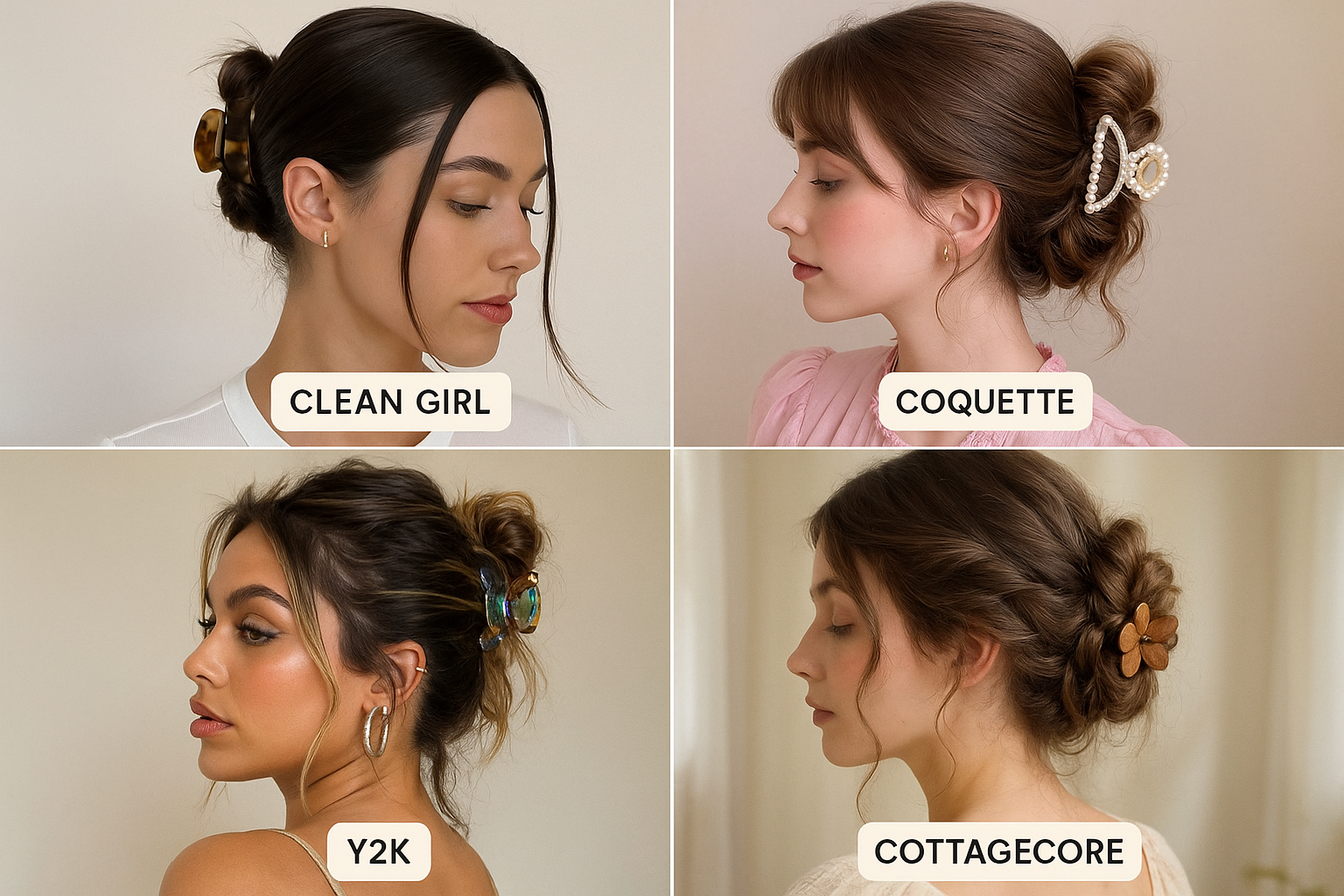 Aesthetic claw clip updos for four personal styles: clean girl, coquette, Y2K, cottagecore