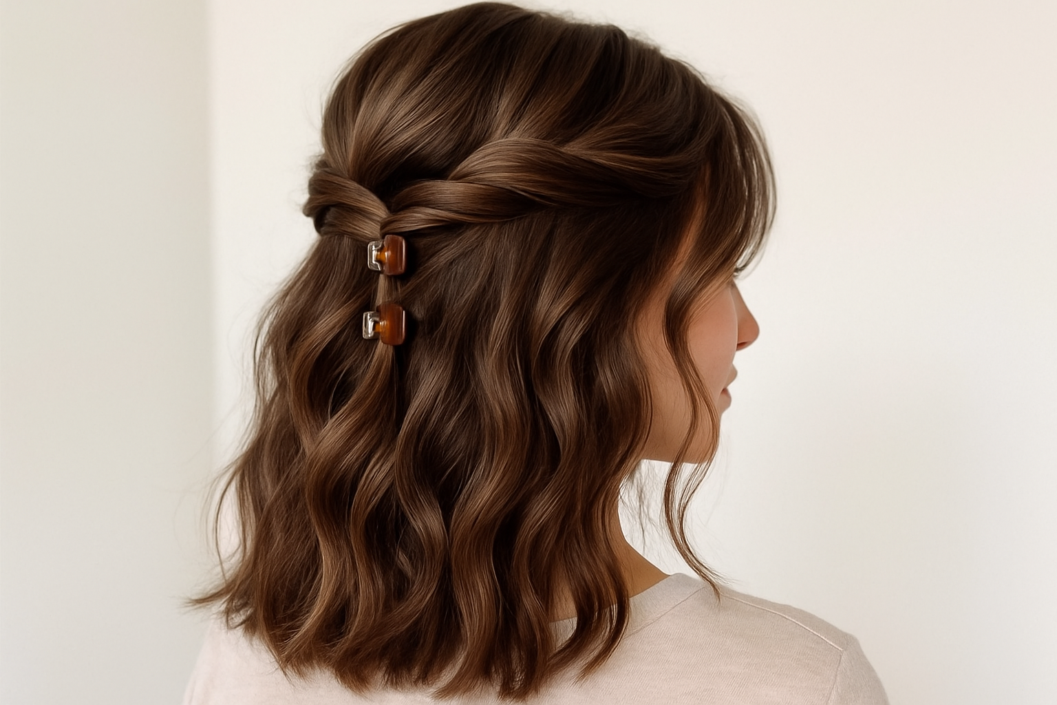 Casual half-up twist secured with two mini claw clips on wavy brown hair