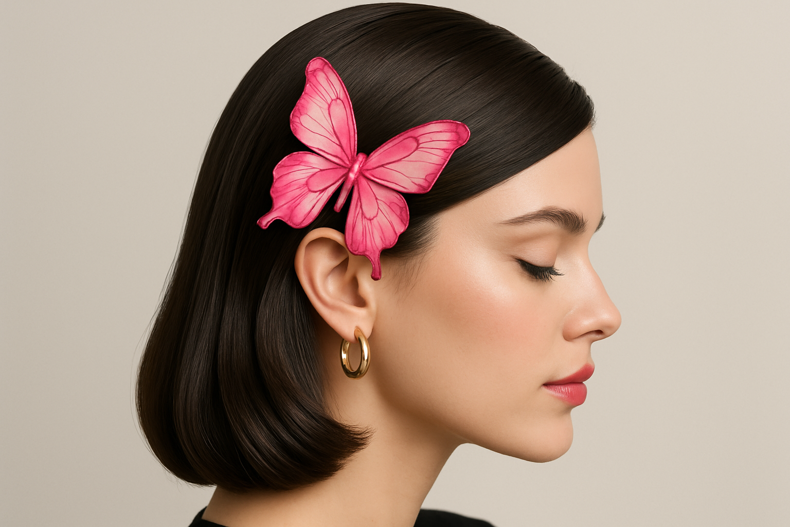 Large pink butterfly hair clip on sleek side-parted hair with hoop earrings