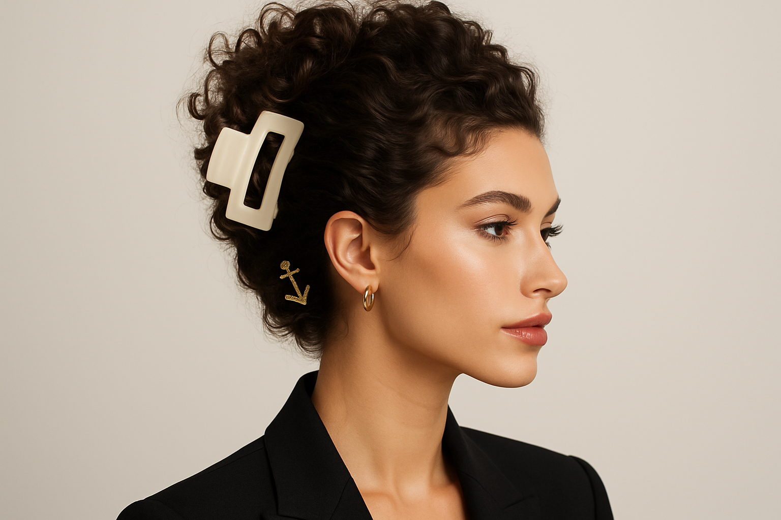 woman look similar mostly like hailey bieber  with hair style Thick curly hair held up with jumbo clip and mini anchor clip underneath