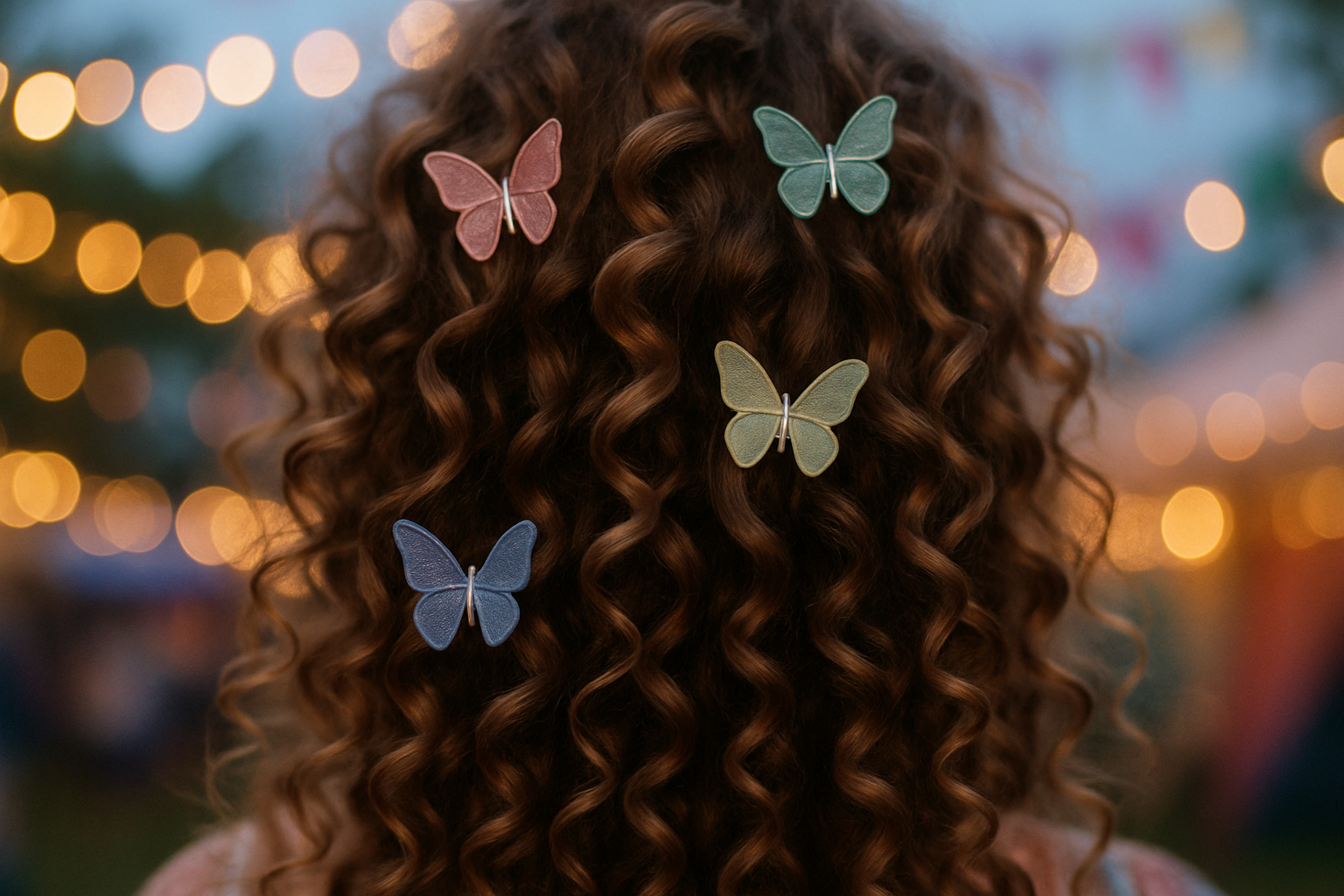 Close-up of pastel butterfly clips scattered through curly hair at a festival]