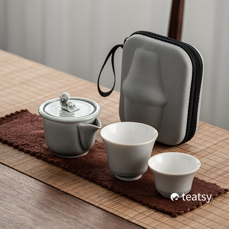 “Ocean Wave” Handmade Ice-gray Glaze Ceramic Easy Brew Gaiwan Teaset (Double-cup) With Protective Case-TeaTsy - For A Good Cup of Tea