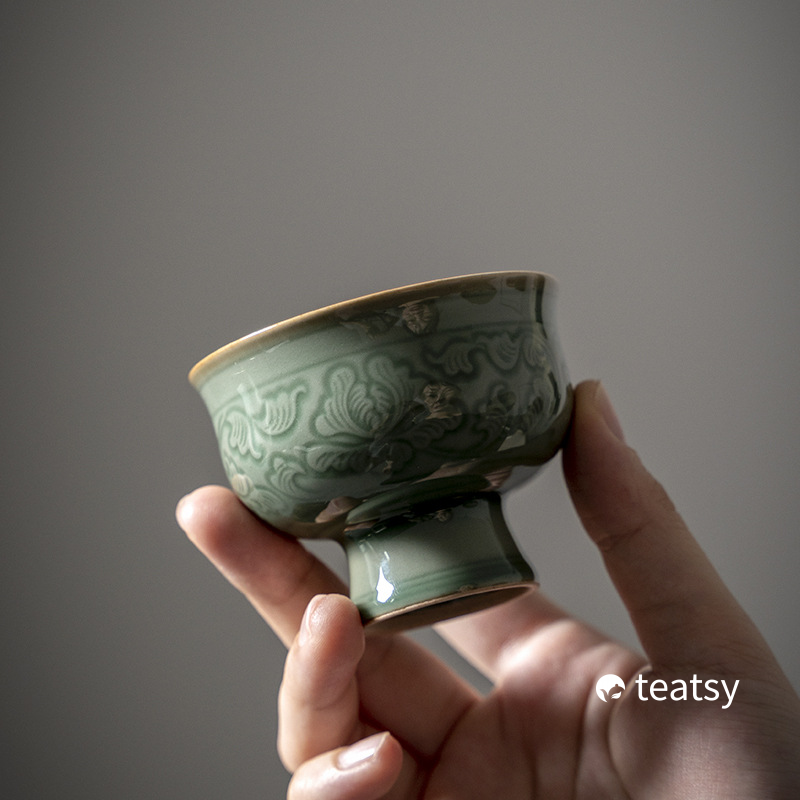 Hand-embossed Antique Style Peony Pattern Yue Kiln Celadon Tasting Cup-TeaTsy - For A Good Cup of Tea