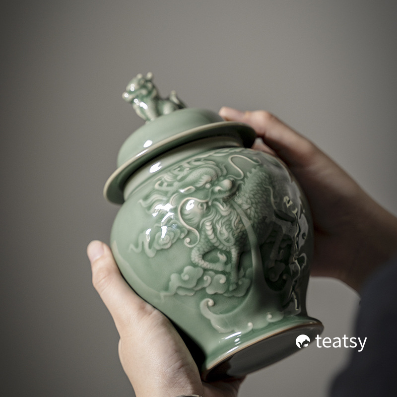 Hand-embossed Antique Style Dragon Pattern Celadon Tea Canister-TeaTsy - For A Good Cup of Tea
