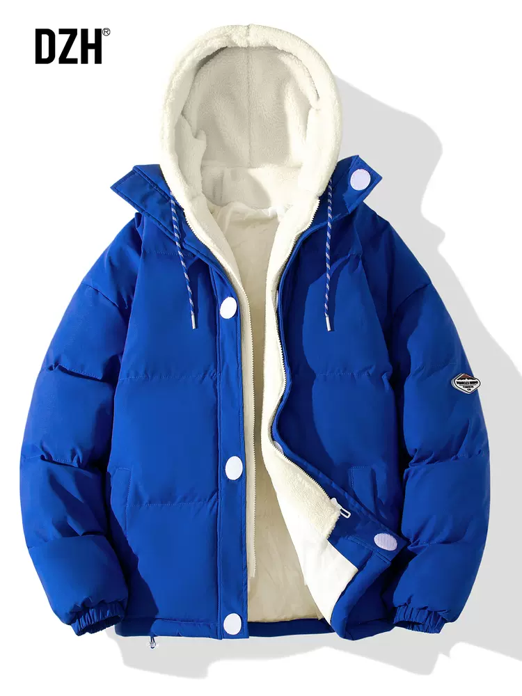 男生克莱因蓝棉衣男冬季加厚棉袄假两件连帽外套情侣棉服潮牌冬装