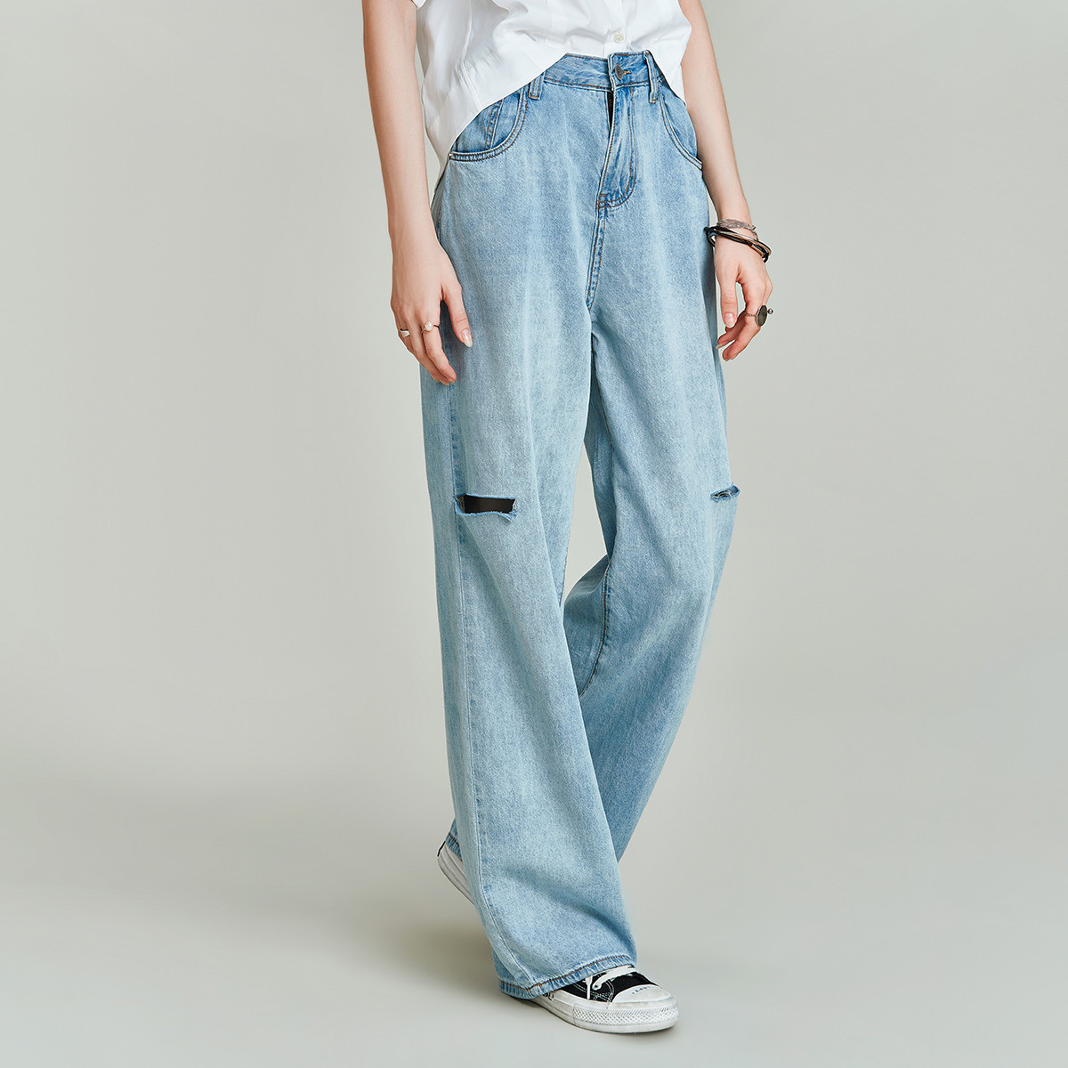 DENIM欧美精梳棉破洞加长阔腿女式牛仔老爹裤21秋新款
