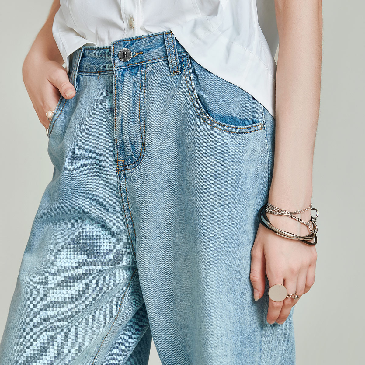 DENIM欧美精梳棉破洞加长阔腿女式牛仔老爹裤21秋新款