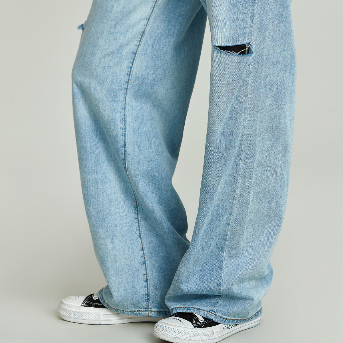 DENIM欧美精梳棉破洞加长阔腿女式牛仔老爹裤21秋新款