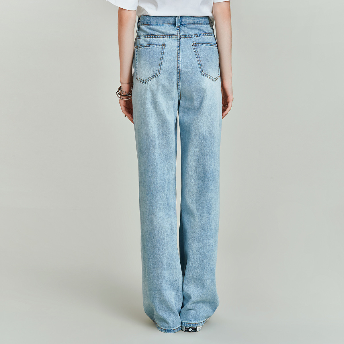 DENIM欧美精梳棉破洞加长阔腿女式牛仔老爹裤21秋新款