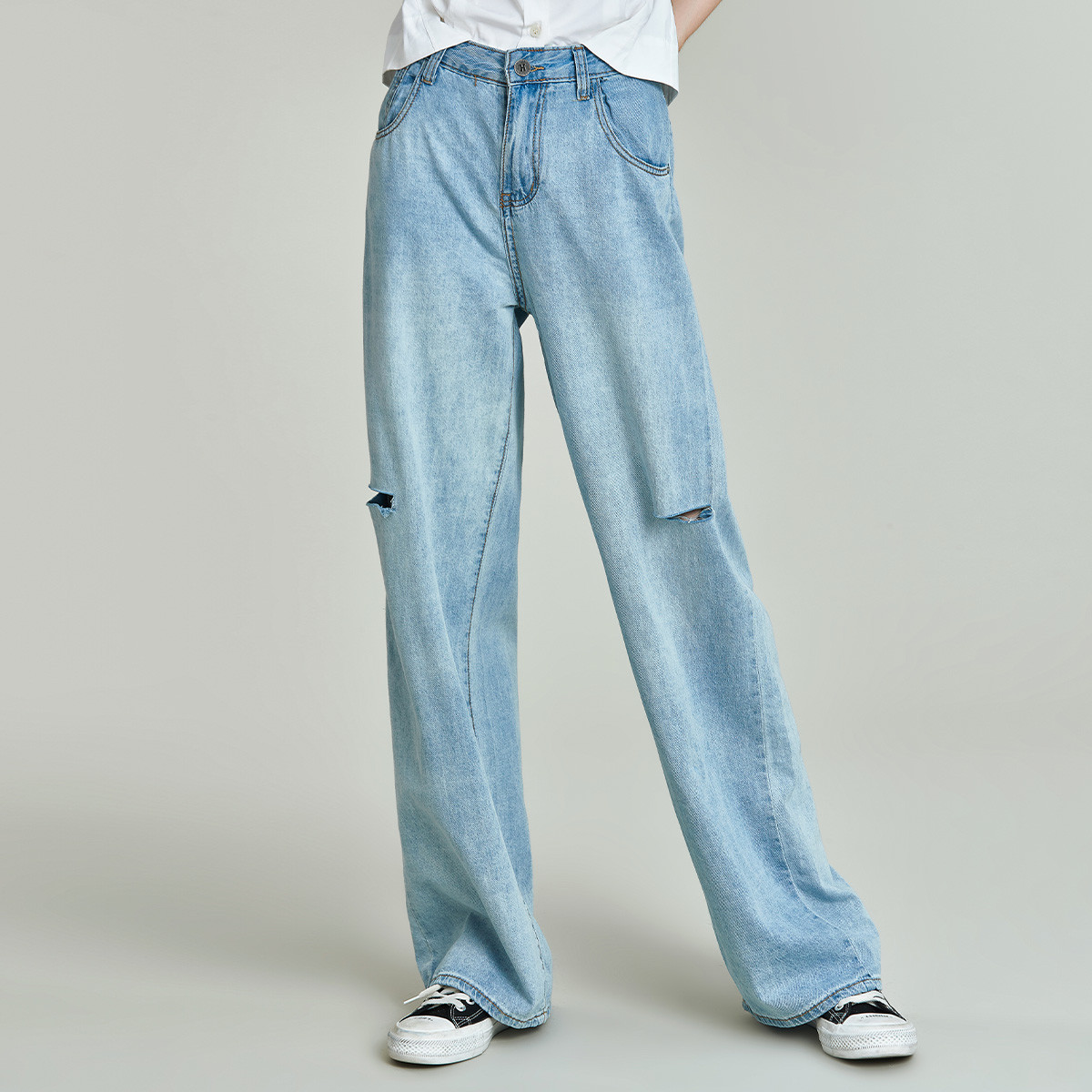 DENIM欧美精梳棉破洞加长阔腿女式牛仔老爹裤21秋新款