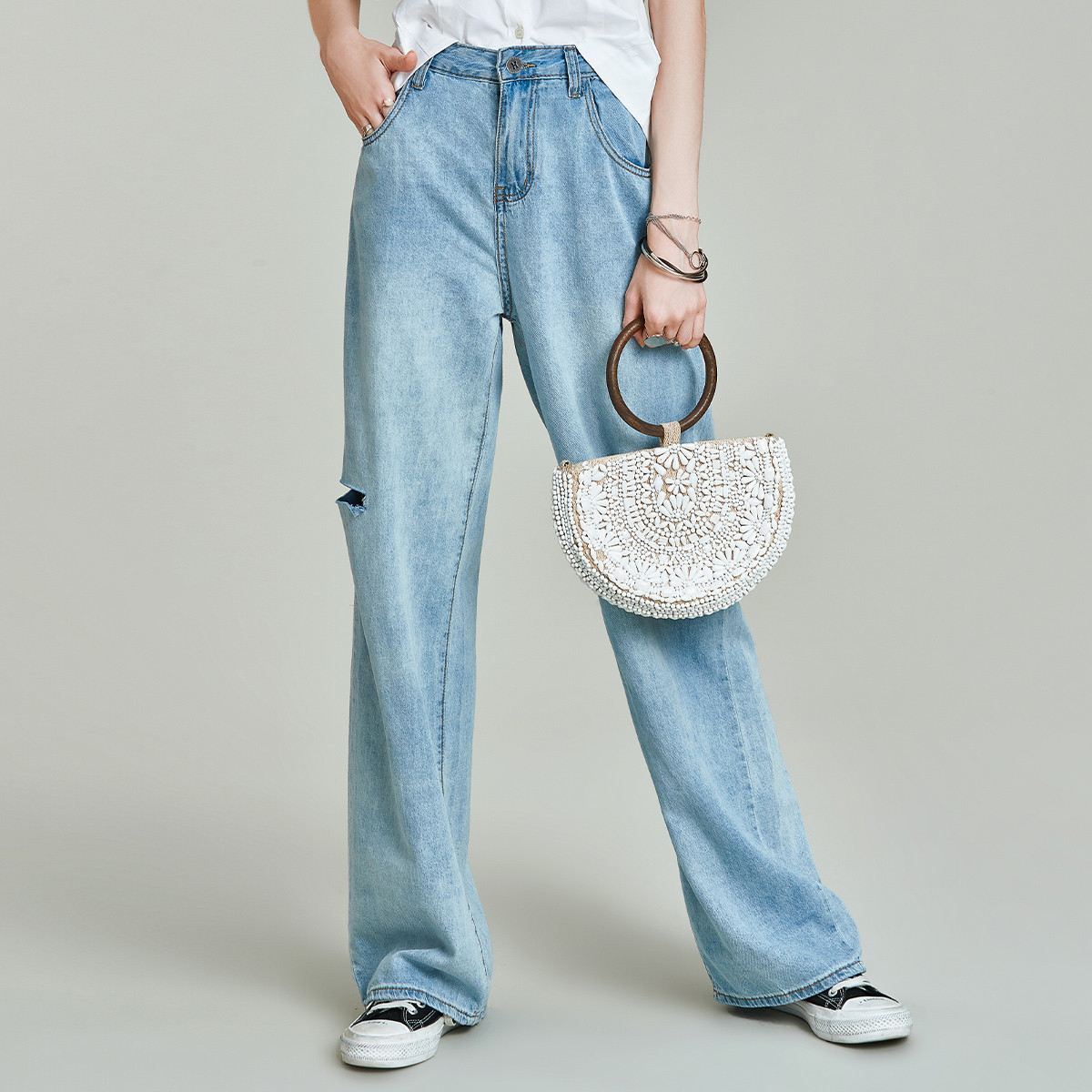 DENIM欧美精梳棉破洞加长阔腿女式牛仔老爹裤21秋新款